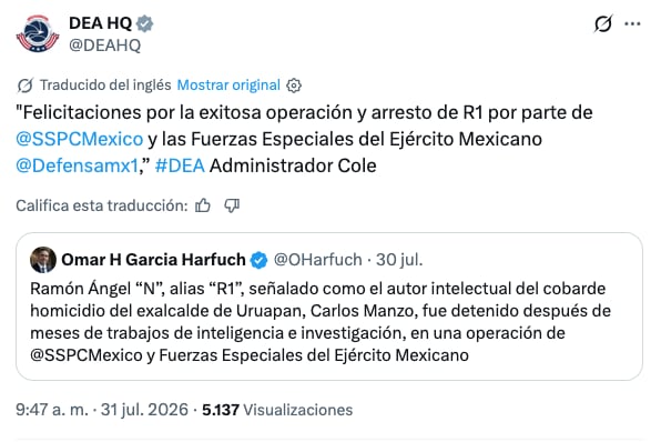 DEA felicita a México por la captura "R1"