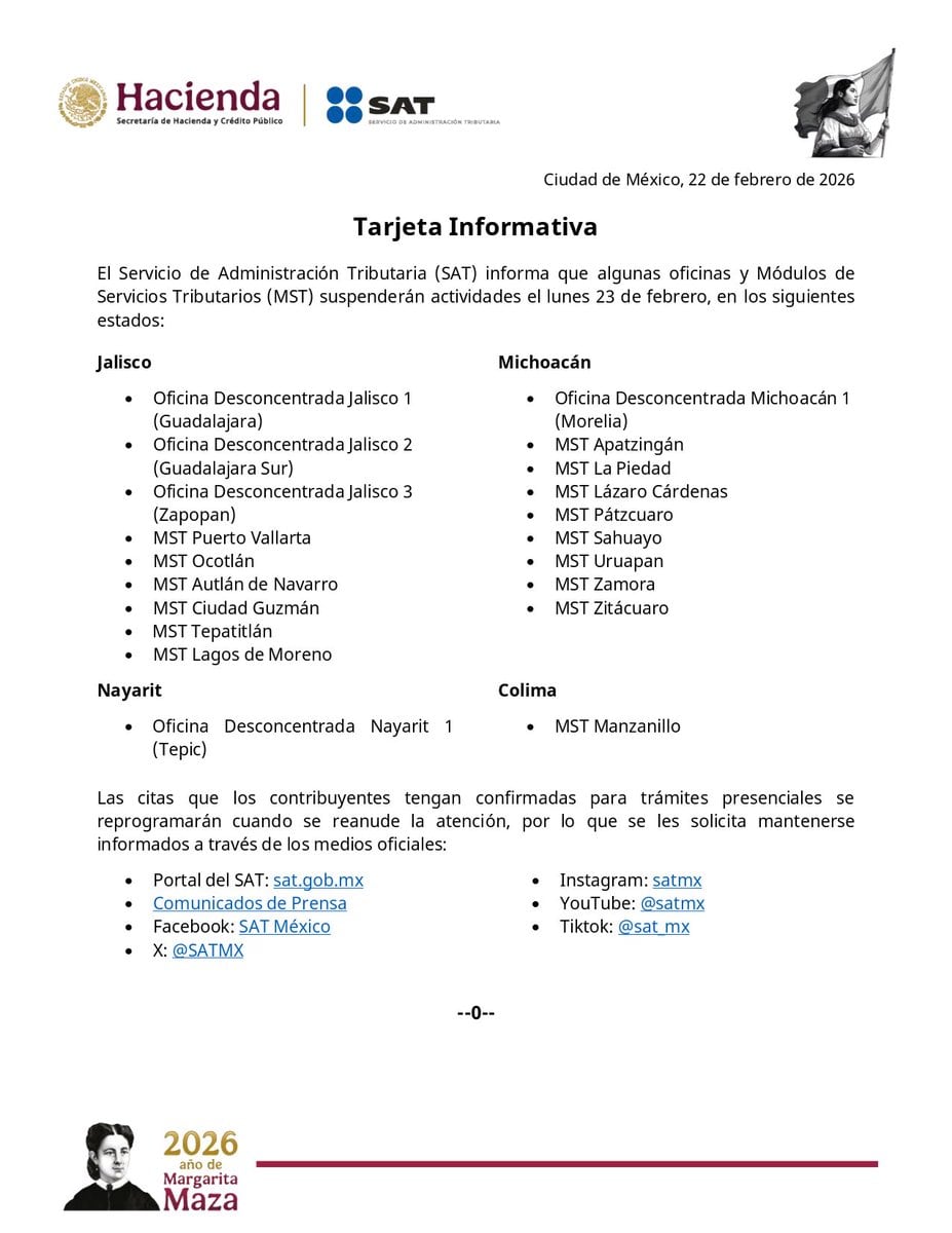 SAT cierra oficinas en 4 estados y suspende atención