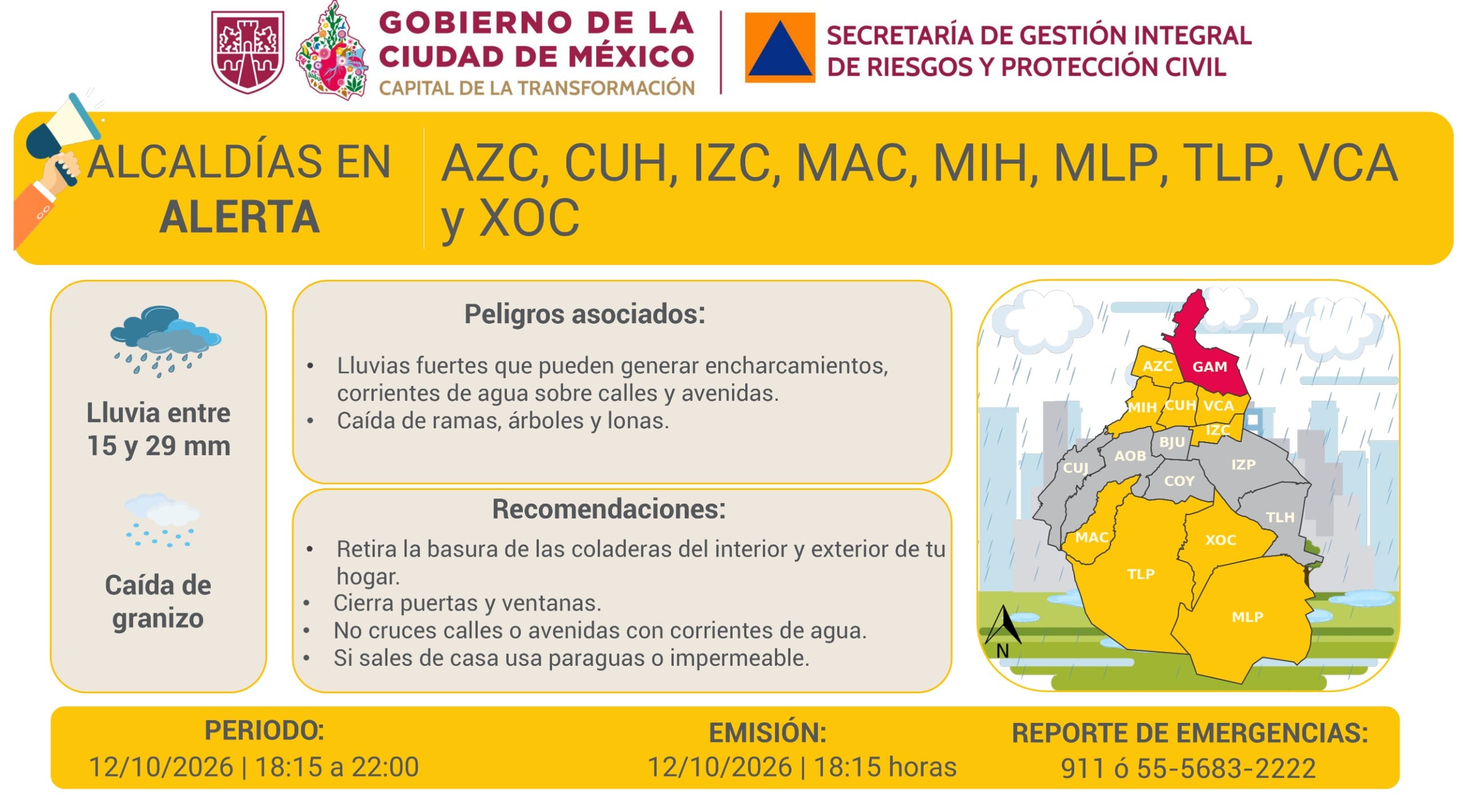 Lluvias en CDMX la tarde-noche de este lunes 12 de octubre activan alerta roja y amarilla en varias alcaldías