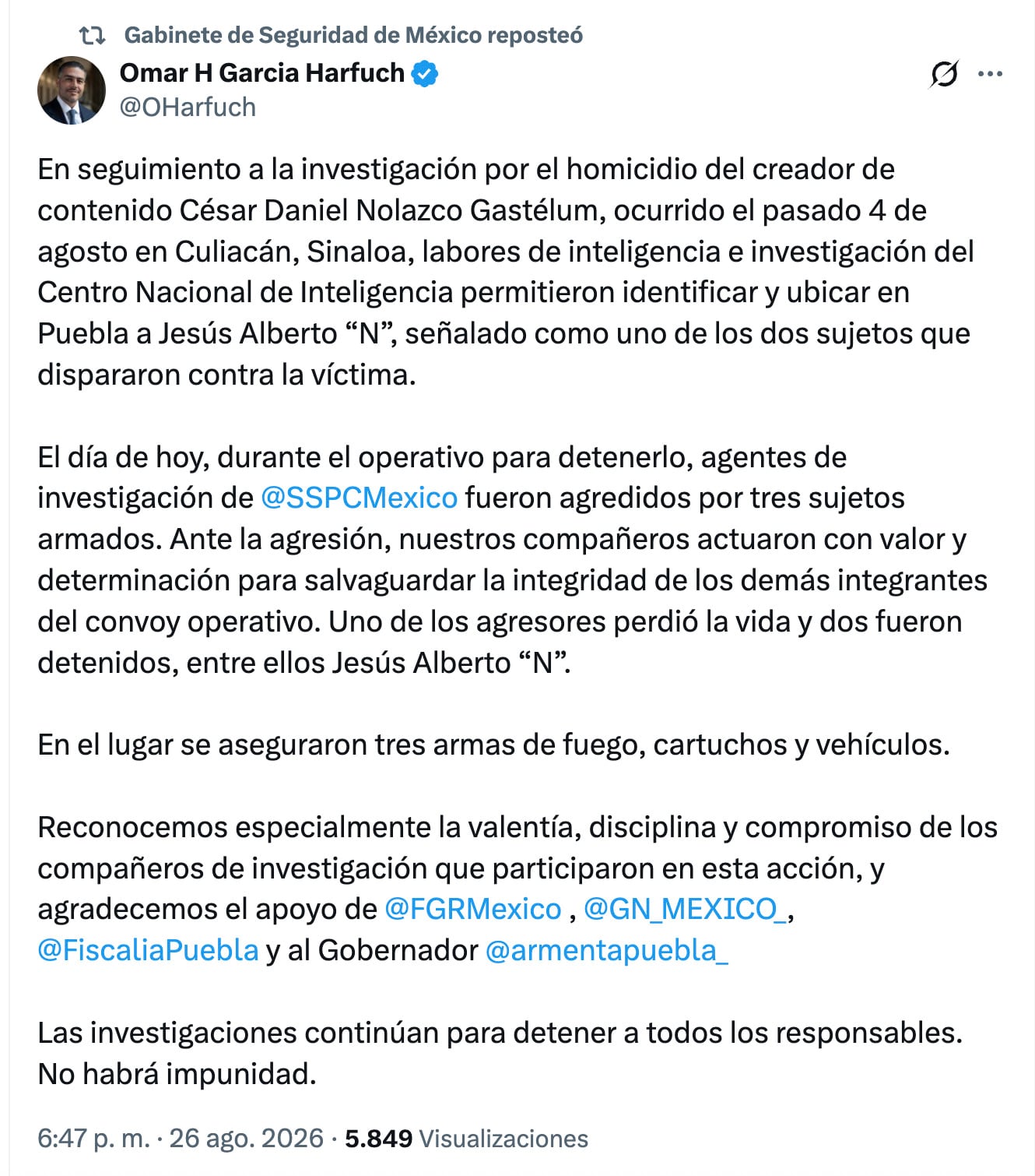 García Harfuch confirma detención de Jesús Alberto, presunto agresor de César Gastélum