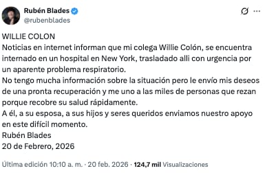 Rubén Blades asegura que Willie Colón está hospitalizado