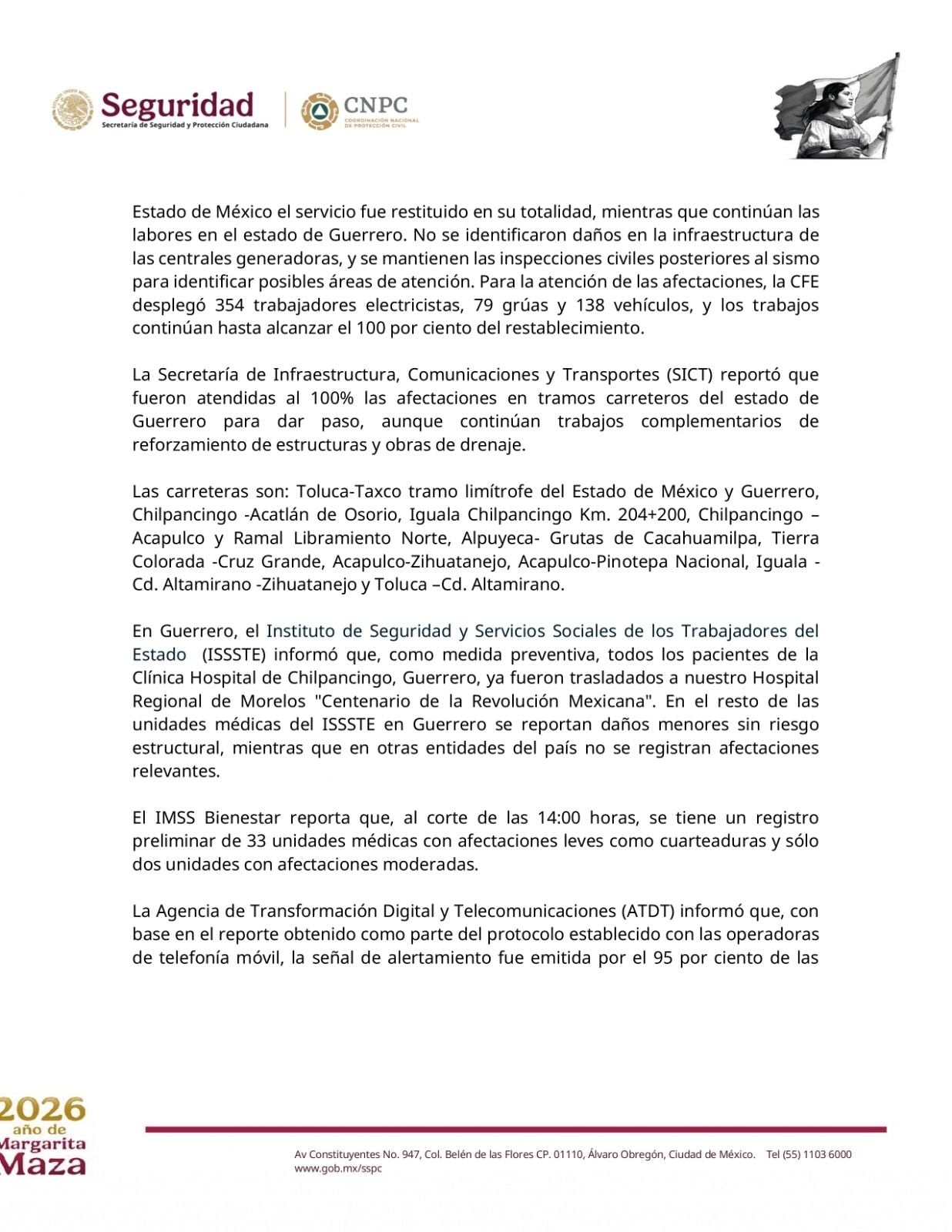 Comunicado tras sismo de hoy 2 de enero.