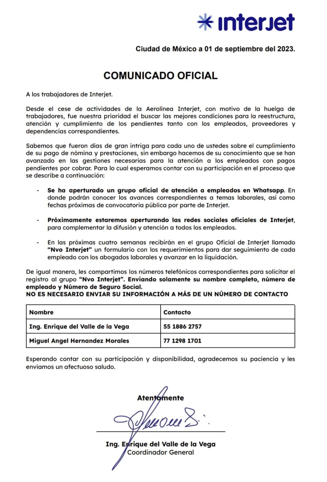 Comunicado oficial Interjet