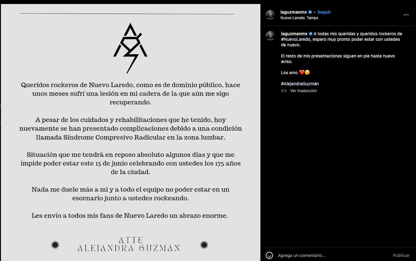 Alejandra Guzmán cancela su presentación en Nuevo Laredo