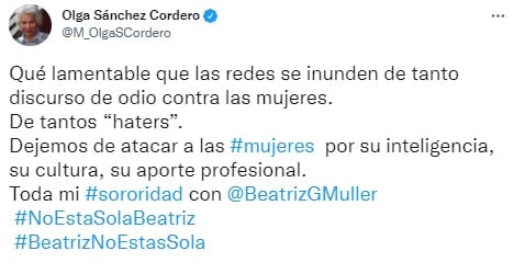 Olga Sánchez Cordero expresa apoyo a Beatriz Gutiérrez