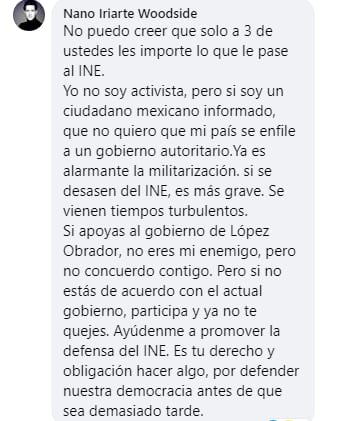 Alejandro Iriarte Woodside, pide apoyo para la marcha por el INE.