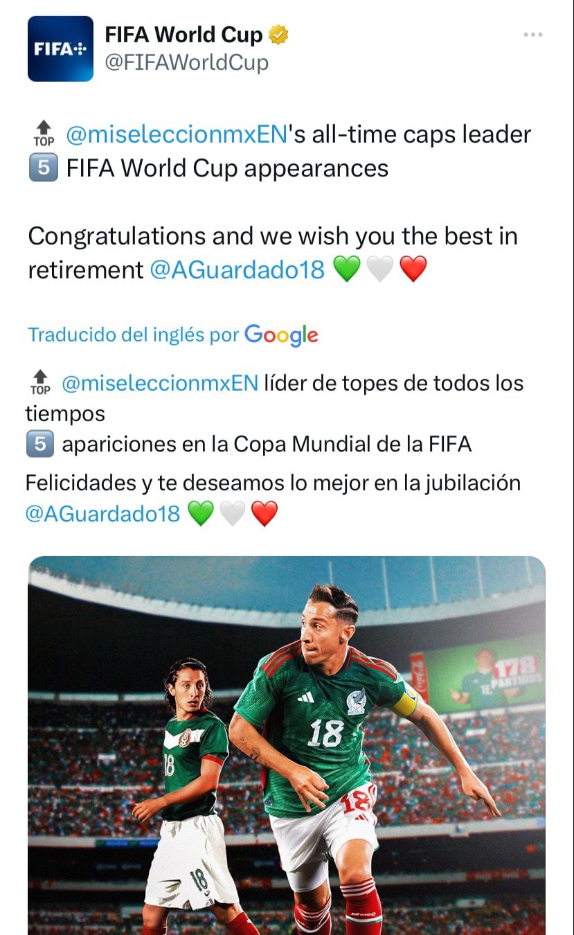 La FIFA reconoció a Andrés Guardado, tras anunciar su retiro de la Selección Mexicana.
