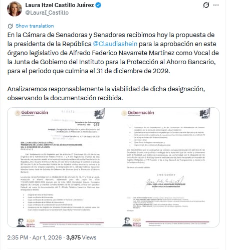 Senado recibe propuesta de Sheinbaum para nuevo vocal del IPAB