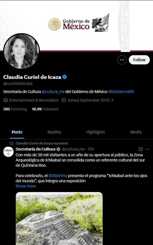 Secretaría de Cultura alerta por hackeo a la cuenta de X de Claudia Curiel de Icaza