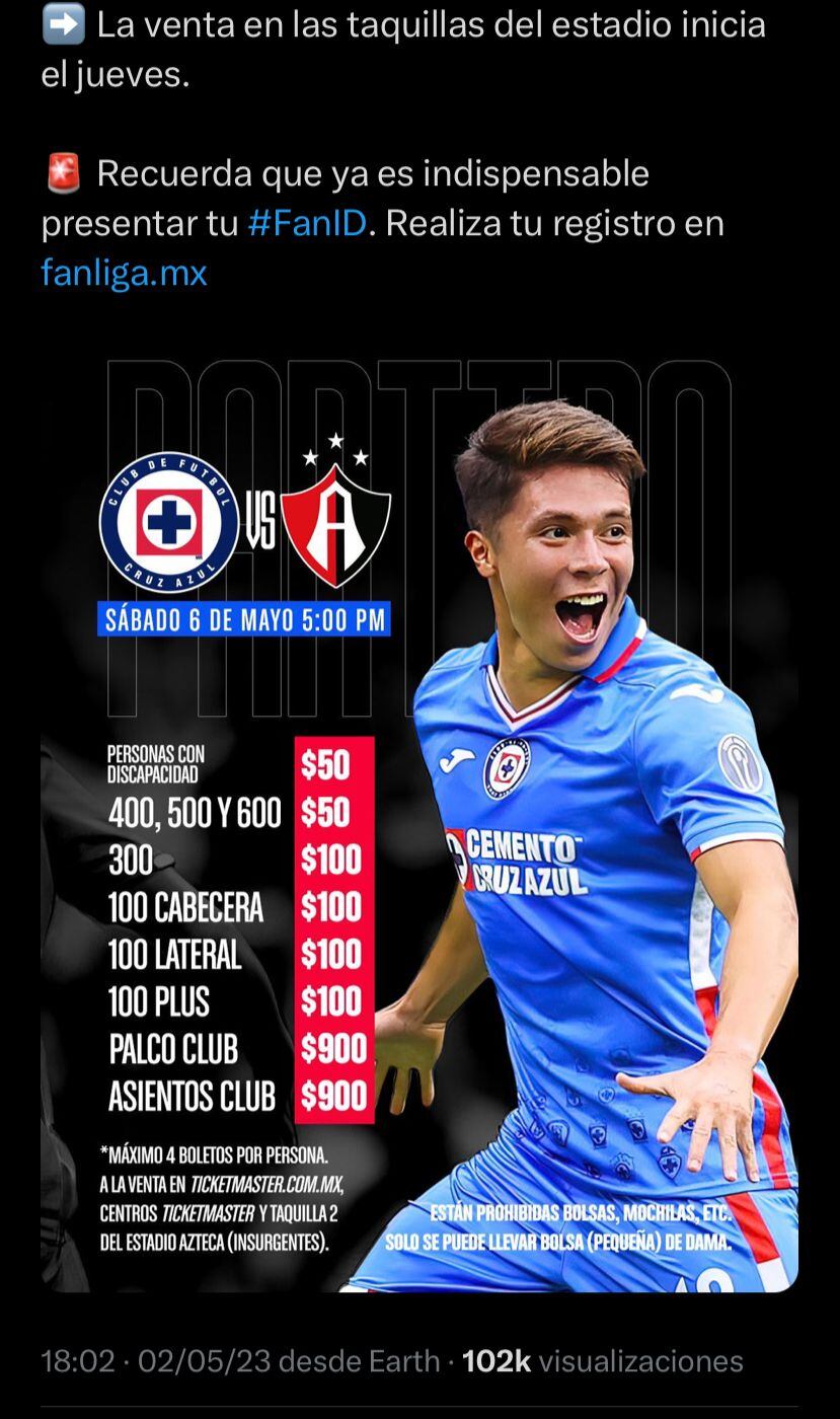 Estos son los precios de las localidades para el Cruz Azul vs Atlas FC.