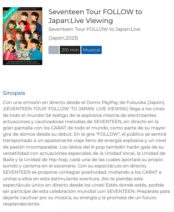 El concierto Seventeen, tour Follow se transmitirá en Cinépolis