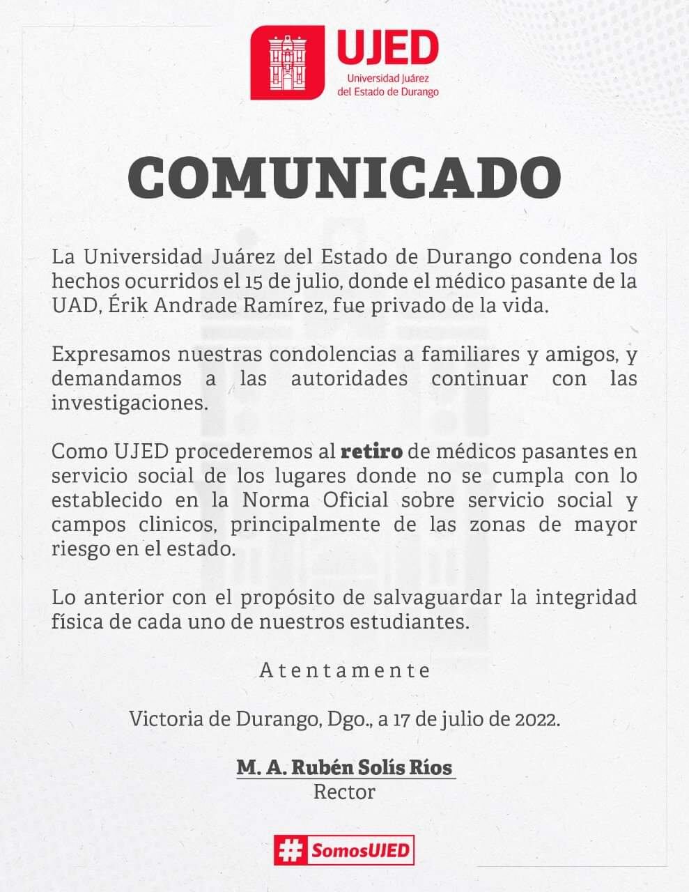 Por asesinato del médico Erick Andrade, Universidad Autónoma de Durango retirará a sus pasantes de zonas inseguras