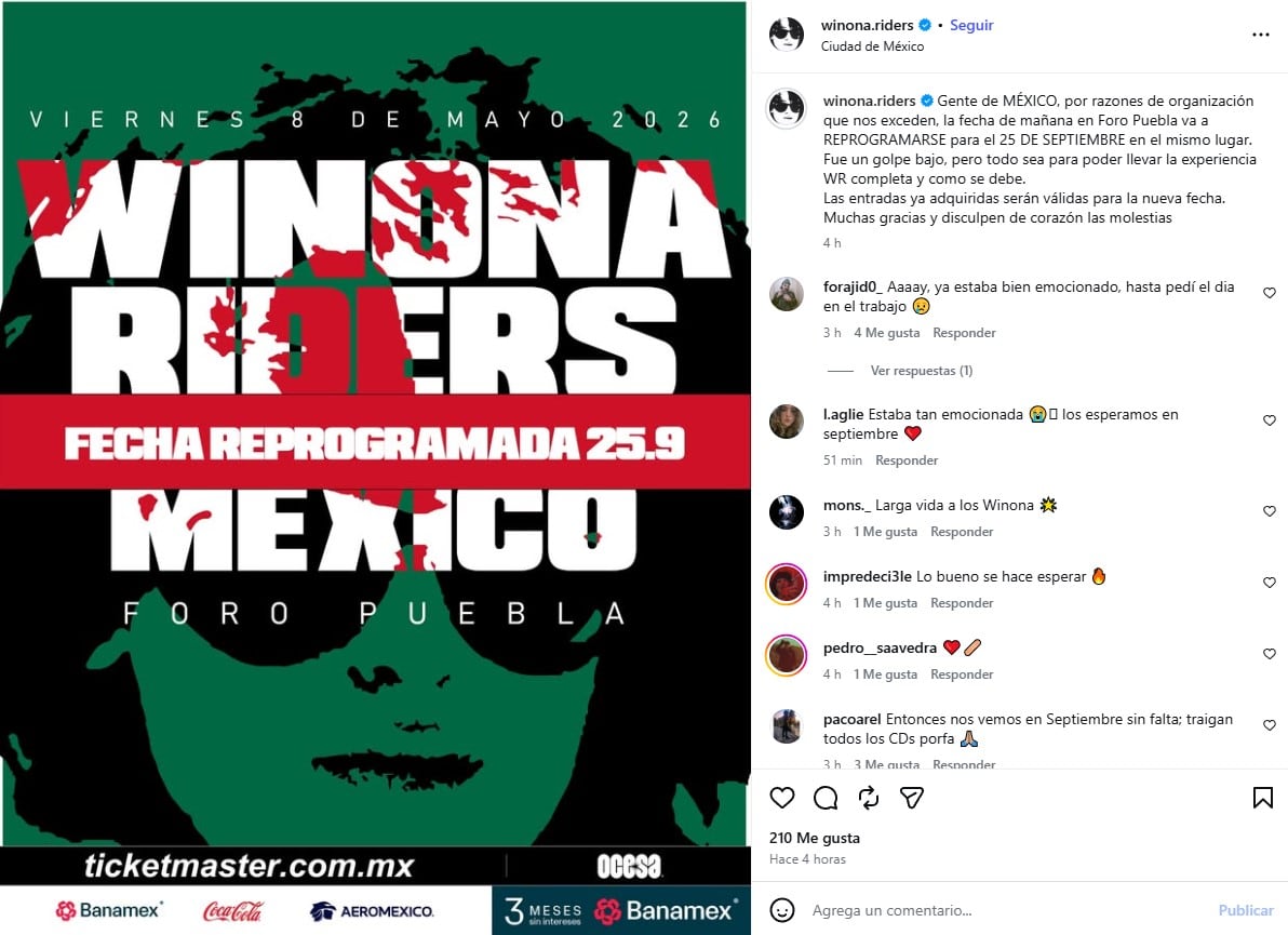 Winona Riders reprograma concierto en Foro Puebla