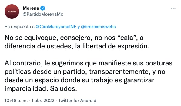Morena dice a Ciro Murayama que a ellos no les "cala" la libertad de expresión