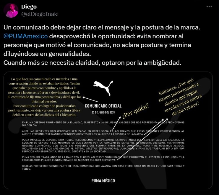Critican comunicado de Puma