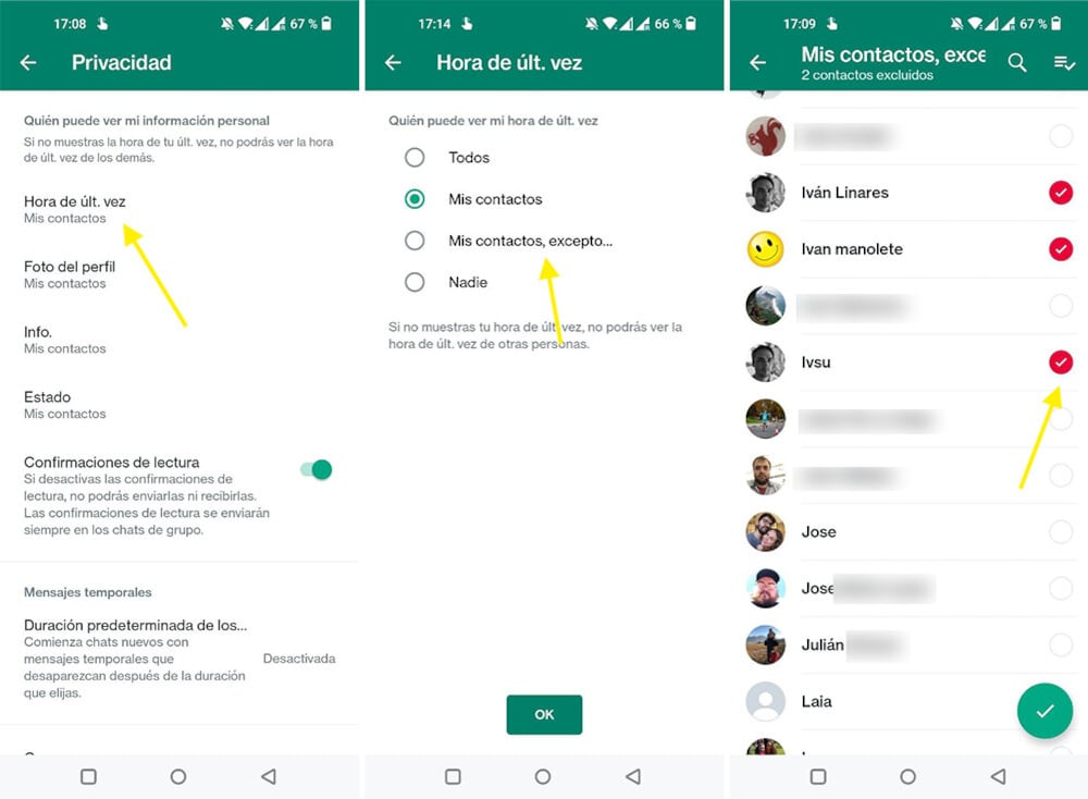 ¿Cómo ocultar la última conexión a contactos específicos en WhatsApp?