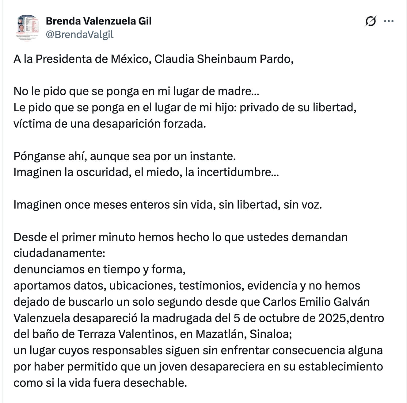 Brenda Valenzuela pide ayuda a Sheinbaum por la desaparición de su hijo