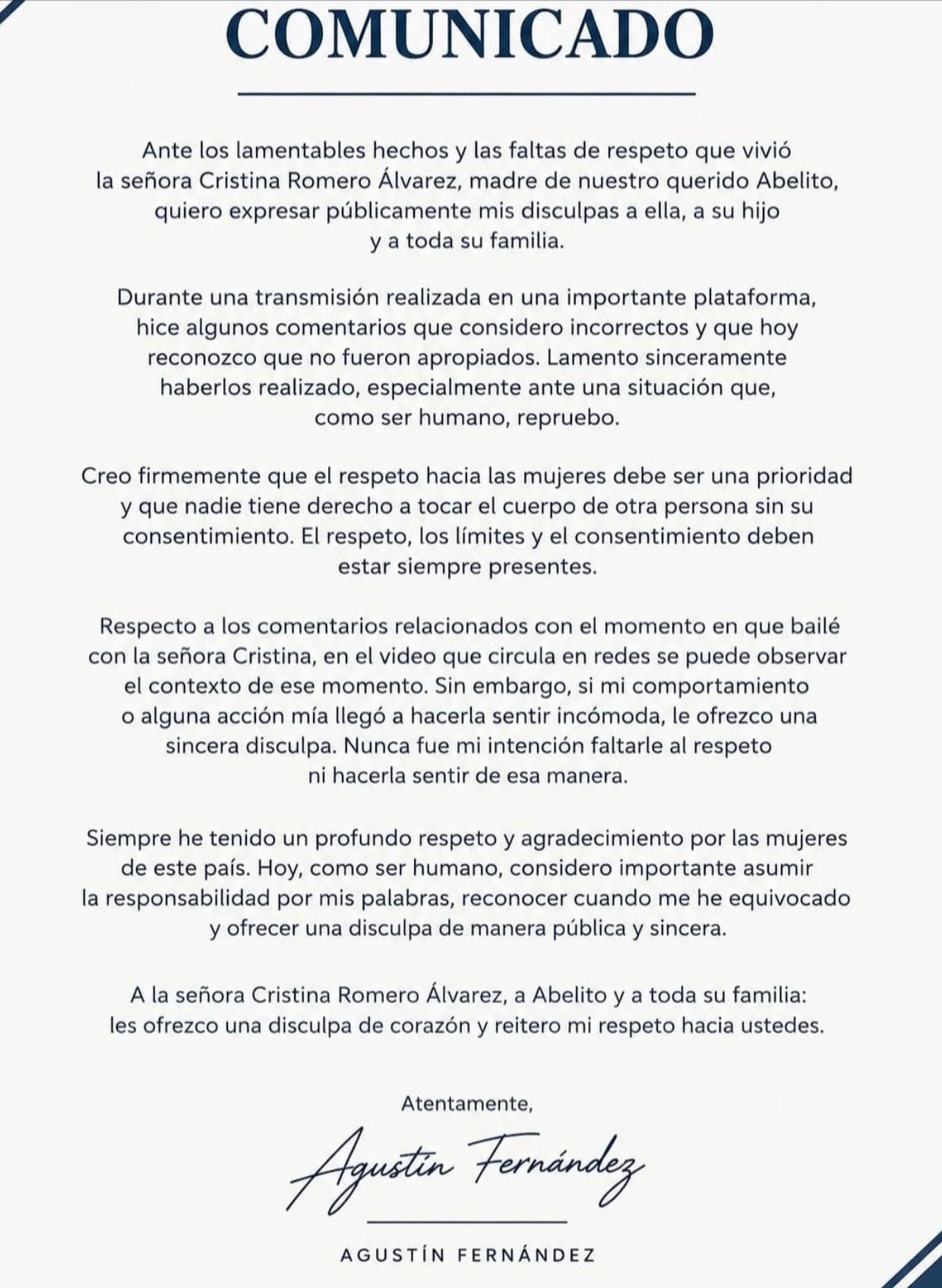 Agustín Fernández se disuclpa con la mamá de Abelito tras agredirla