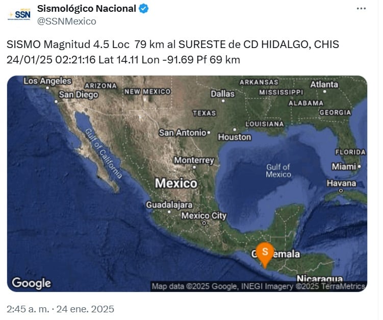Se registra sismo de 4.5 en Chiapas; no ameritó alerta sísmica en CDMX