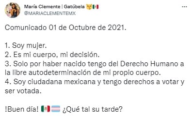 Tuit de María Clemente sobre videos íntimos