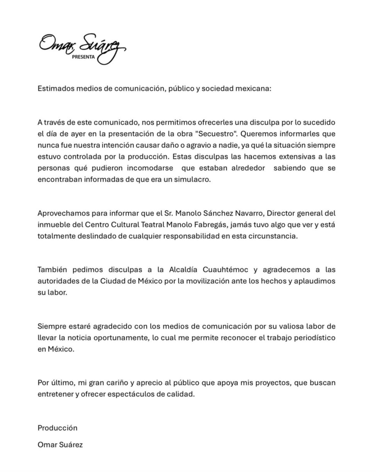 Omar Suárez envía comunicado para disculparse por fingir un secuestro