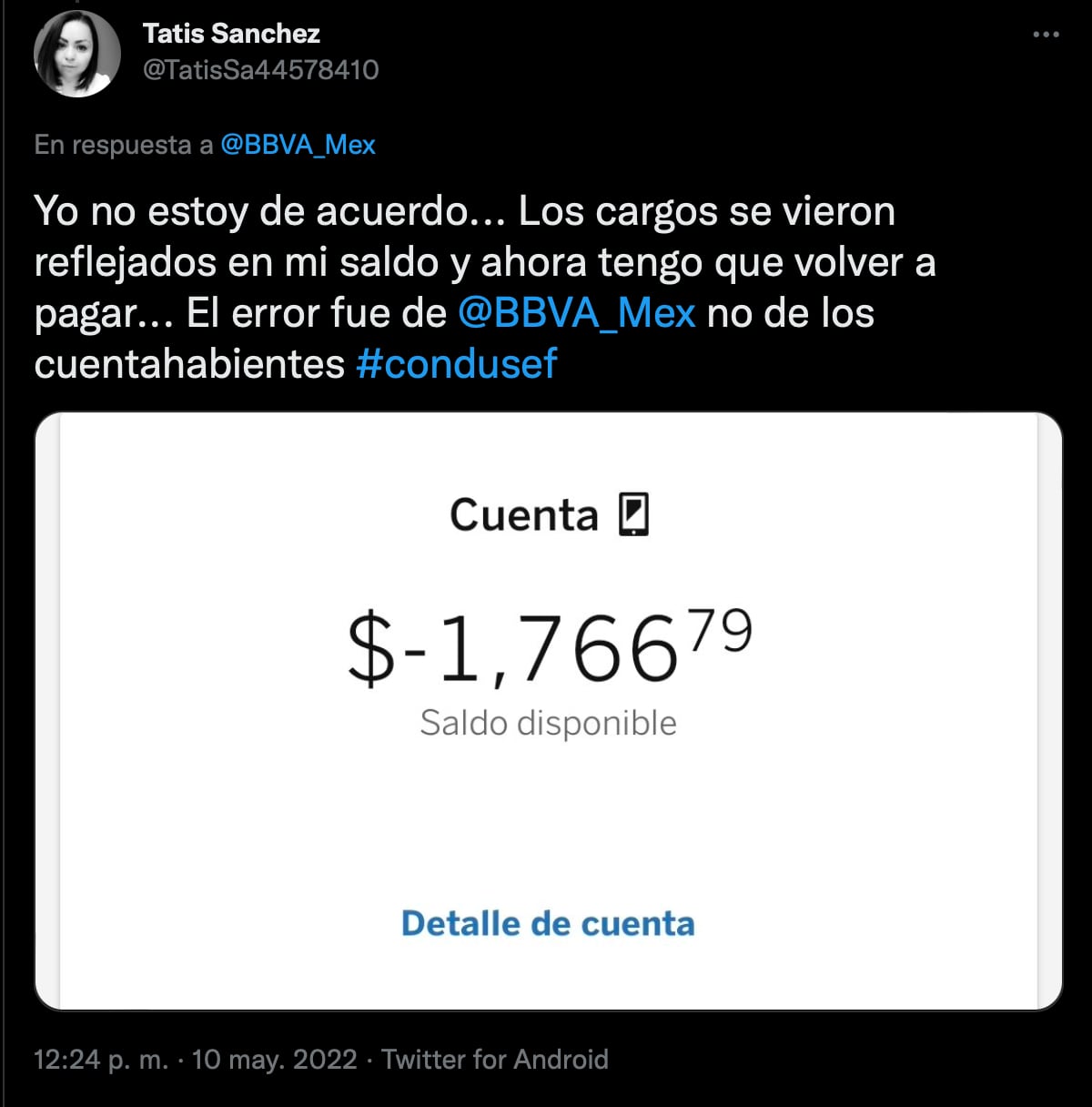 Usuaria se queja ante la Condusef por saldos negativos de BBVA