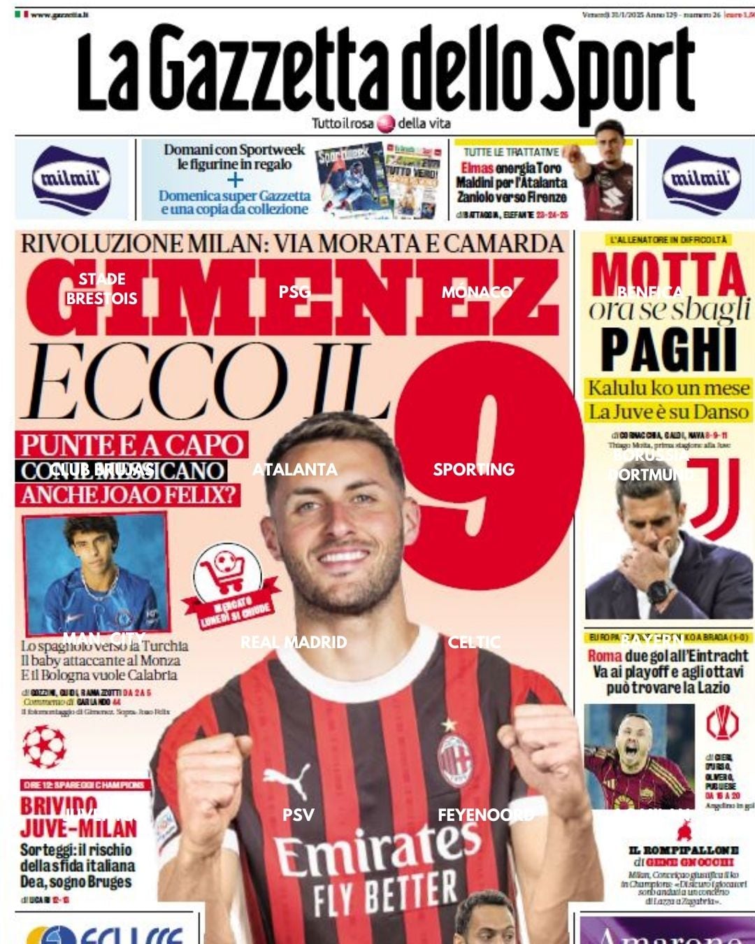 Portada de la Gazzetta dello Sport sobre Santiago Giménez.