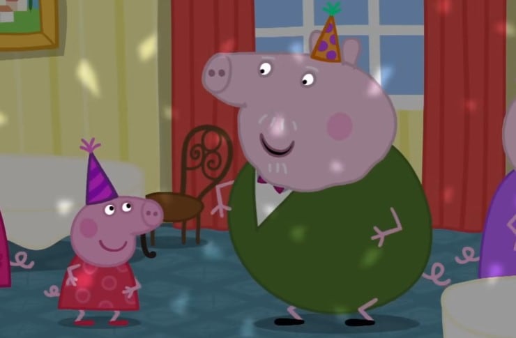 Peppa Pig y George comen espagueti en un restaurante