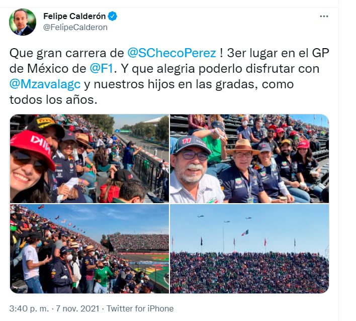 Felipe Calderón presume que fue la Fórmula 1 con su esposa Margarita Zavala /@FelipeCalderon