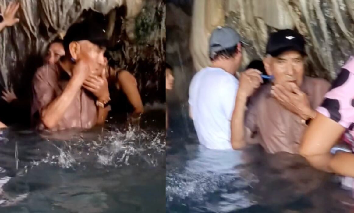 Hombre rasurándose en las Grutas de Tolantongo