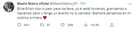 Tuit de Medio Metro criticando a Billie Eilish