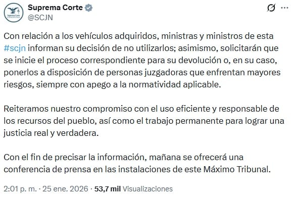 Ministros de la SCJN no usarán camionetas blindadas; esto pasará con ellas