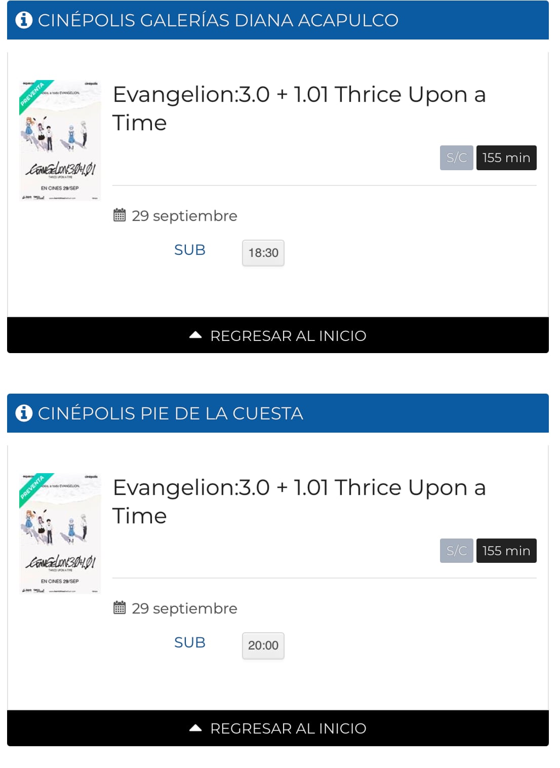 Evangelion 3.0+1.0 Horarios