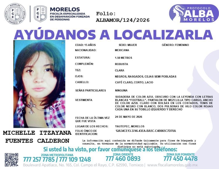 Reportan desaparición de Michelle Itzayana Fuentes Calderón
