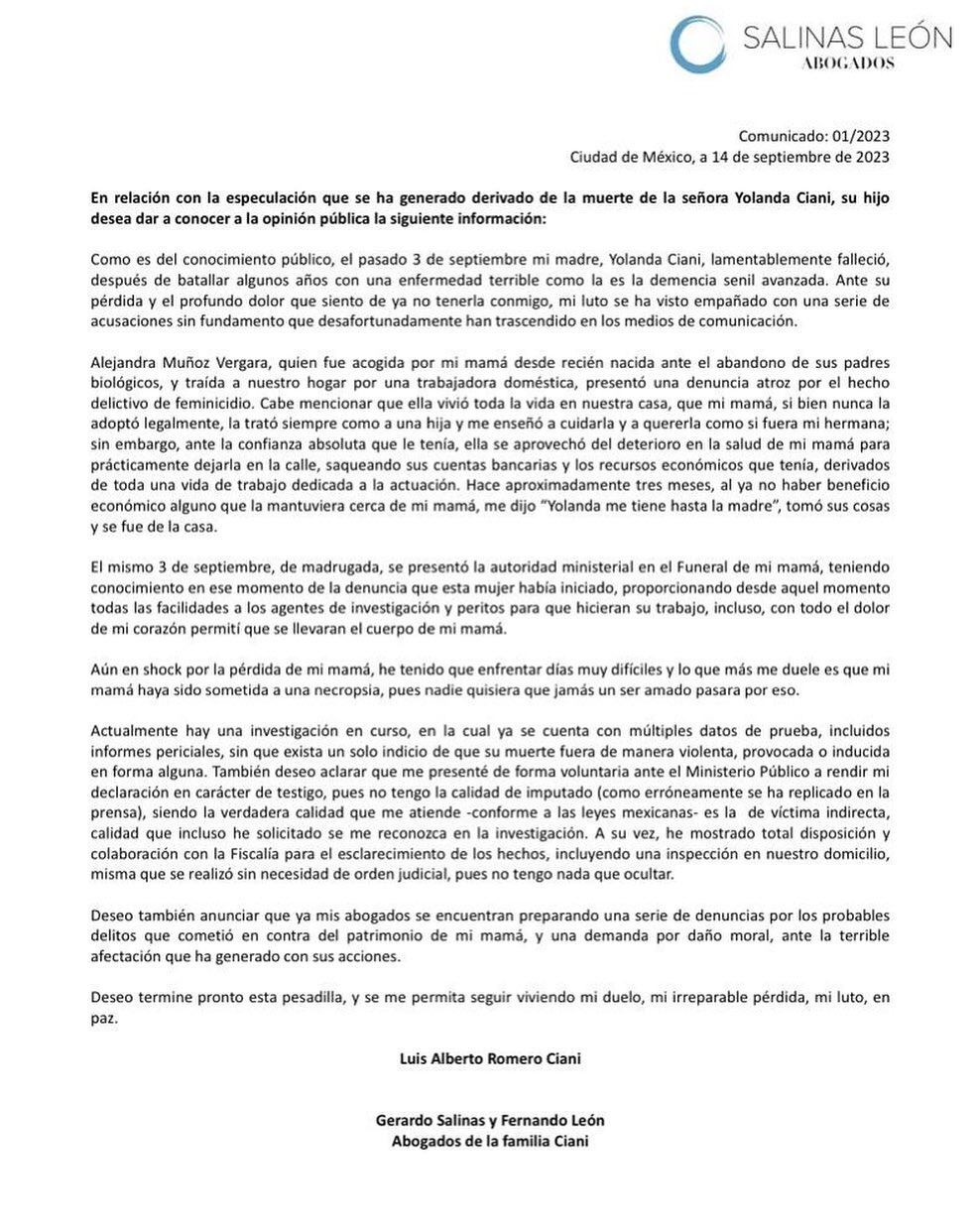 Comunicado del hijo de Yolanda Ciani.
