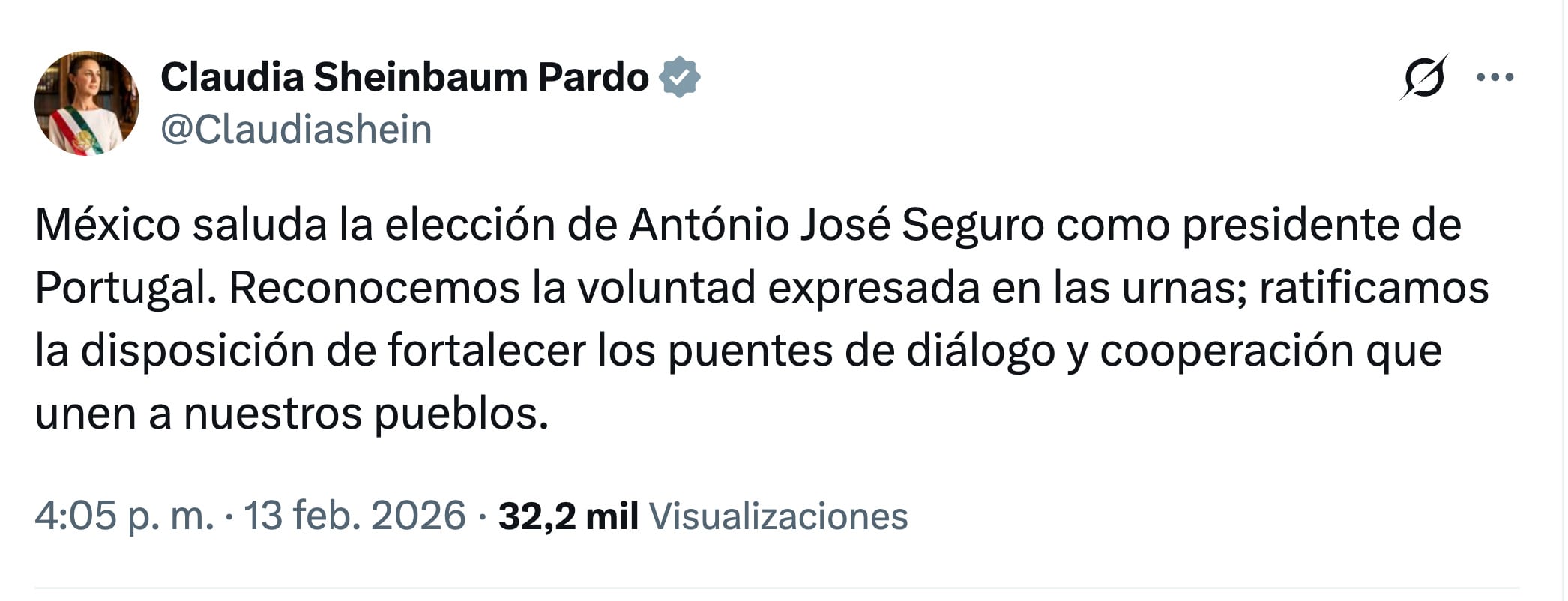Claudia Sheinbaum envía felicitación a António José Seguro, presidente electo de Portugal