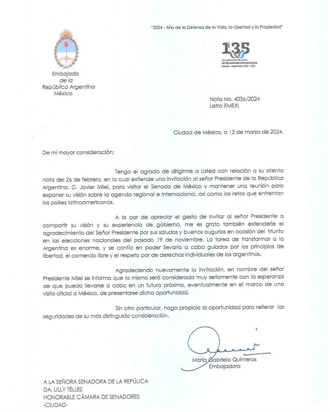 Gobierno de Argentina responde invitación de Lilly Téllez