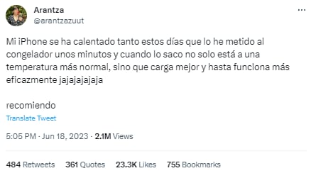 Tuit asegurando que mete el iPhone en el congelador sirve para que se enfríe