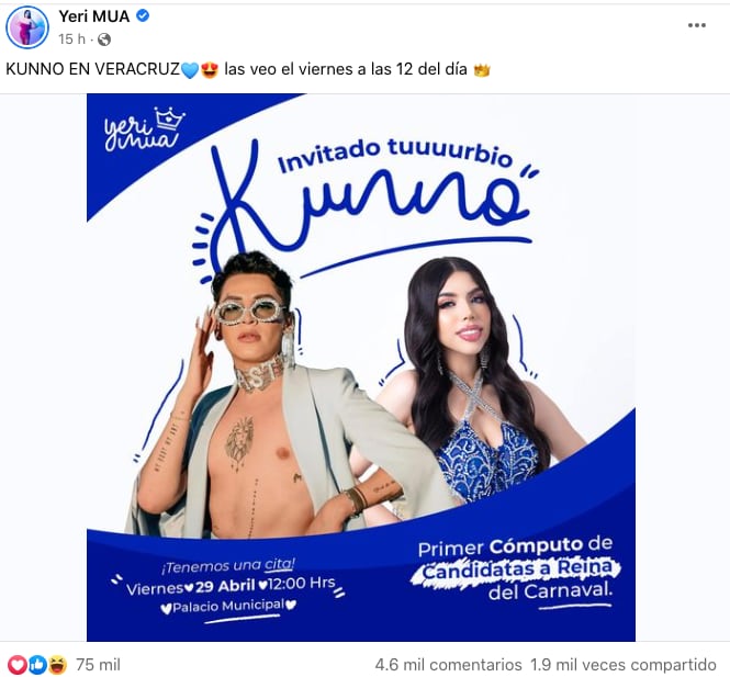 Kunno estará con Yeri Mua para apoyarla en el Carnaval de Veracruz