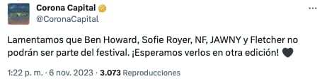 Cancelan bandas participación en el Corona Capital