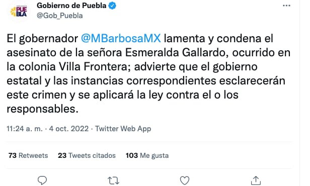 Gobierno de Puebla condena asesinato de Esmeralda Gallardo