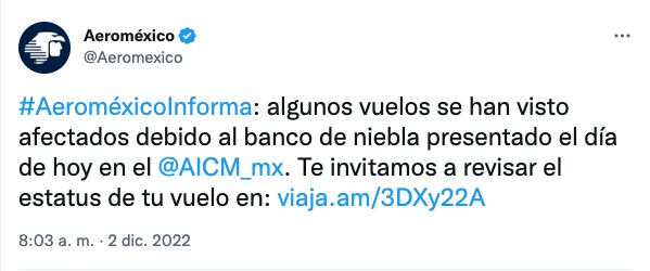 ¿Qué pasa en el AICM hoy 2 de diciembre? un banco de niebla afectan los vuelos