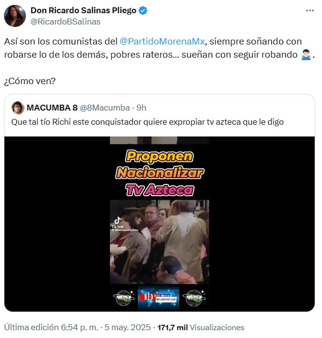 Ricardo Salinas Pliego se pronuncia tras propuesta de Paco Ignacio Taibo II de expropiar canal 13 de Tv Azteca