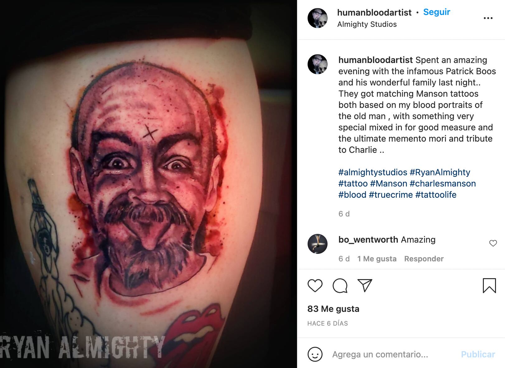 Pareja se tatúa la cara de Charles Manson con sus cenizas