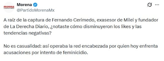 Morena reporta caída de tendencias negativas tras captura de Fernando Cerimedo