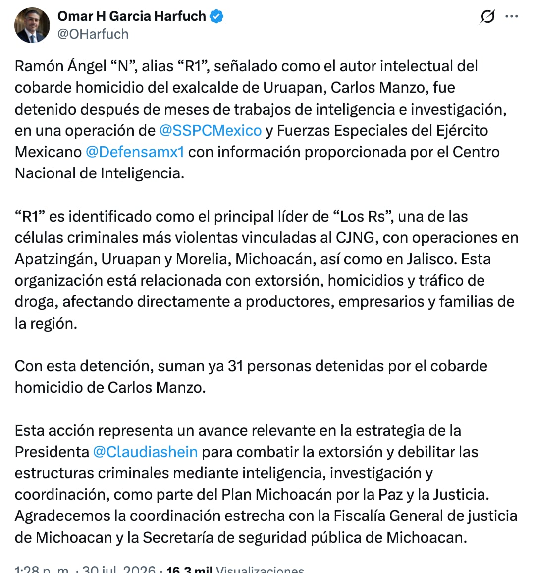 Omar García Harfuch anuncia captura del autor intelectual del asesinato de Carlos Manzo