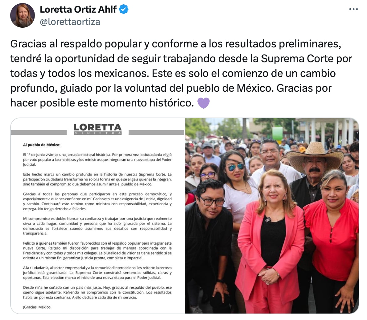 Loretta Ortiz agradece respaldo en elecciones Poder Judicial 2025