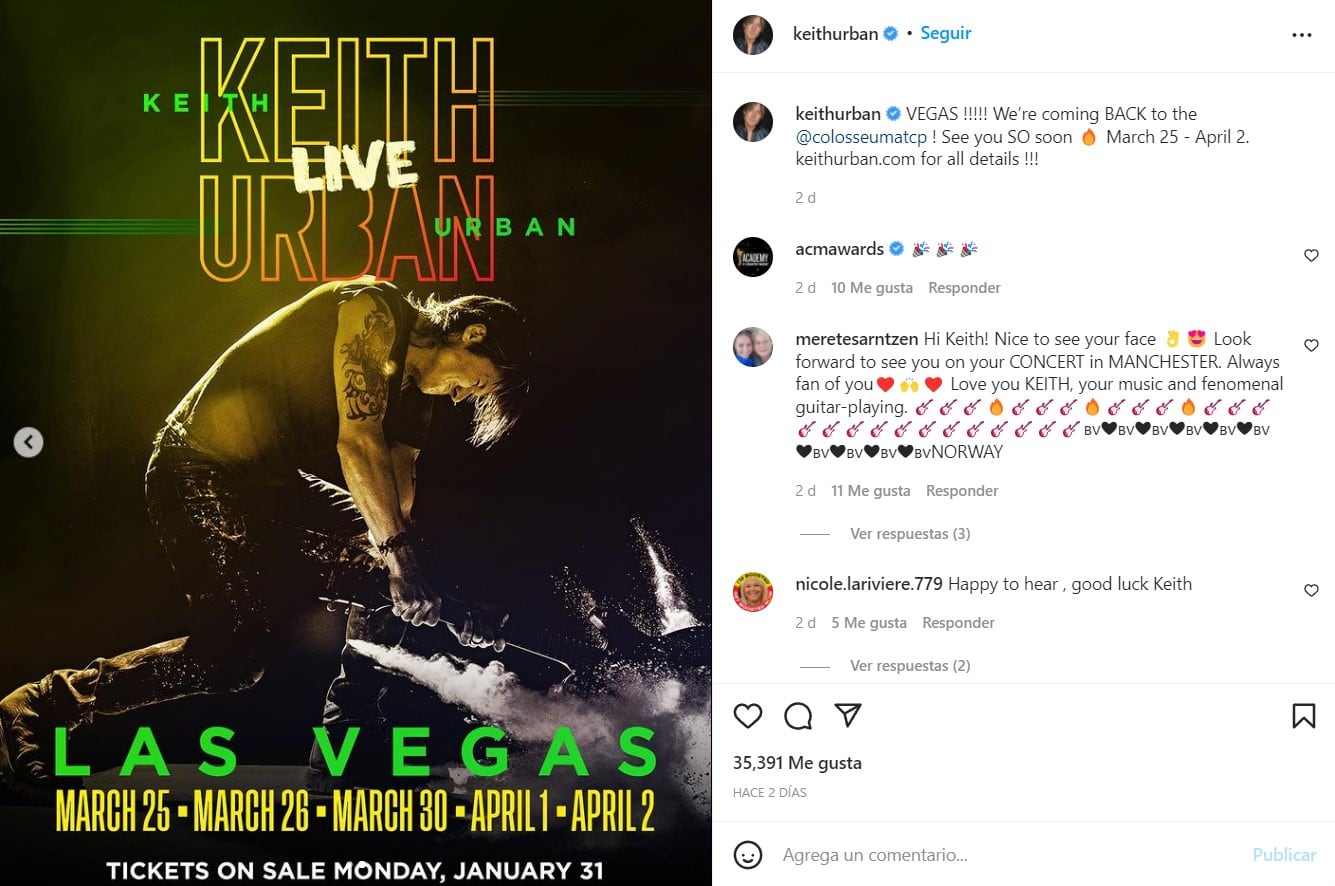 Keith Urban anuncia residencia en Las Vegas