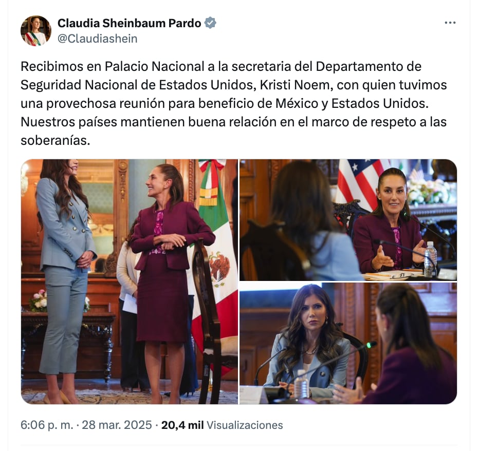 Claudia Sheinbaum reveló detalles de la reunión con Kristi Noem