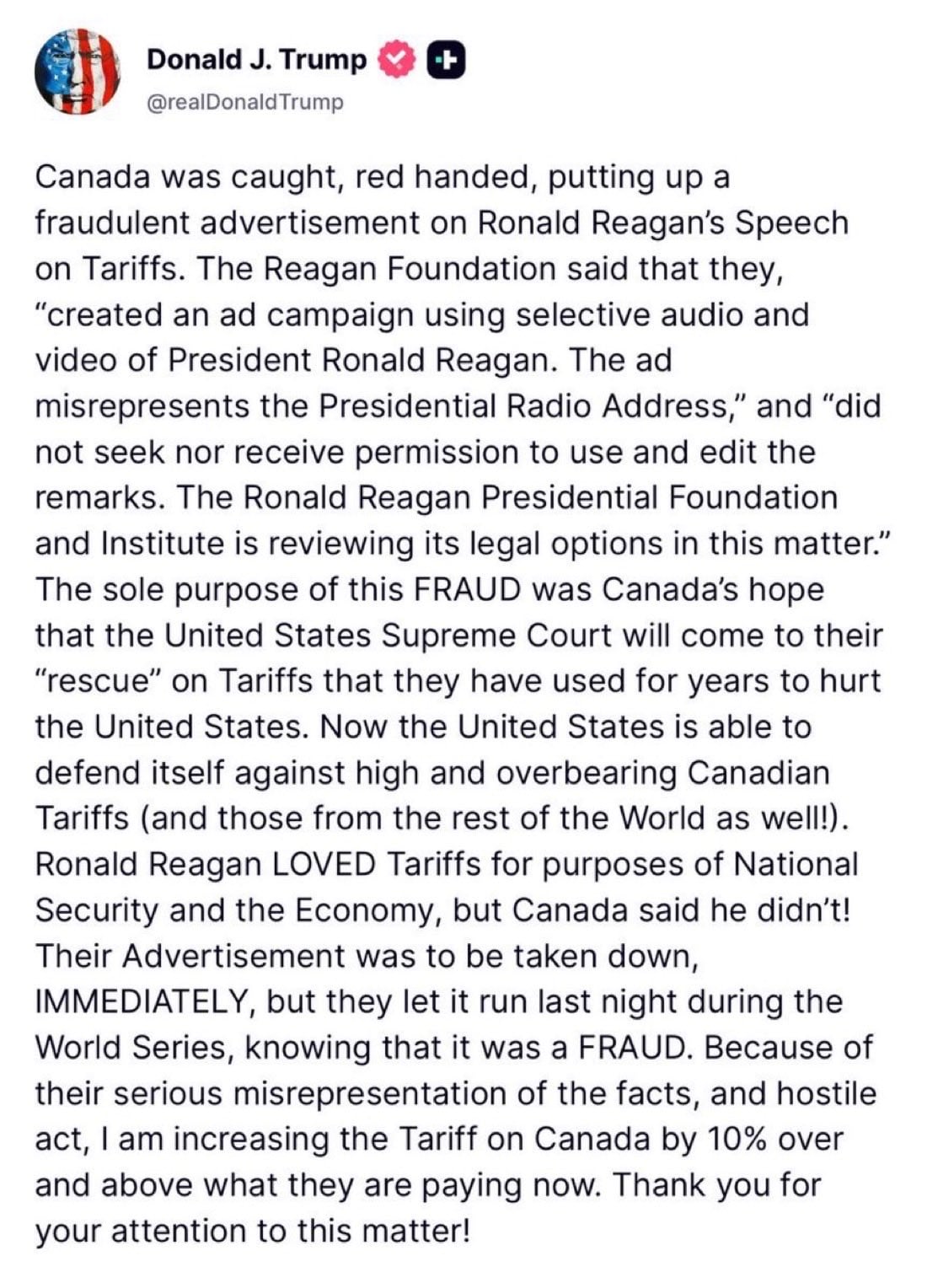 Donald Trump reacciona a anuncio de Canadá con Ronald Reagan